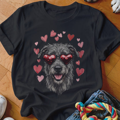 A black t-shirt features a graphic of a shaggy gray dog wearing heart-shaped sunglasses, surrounded by pink and red hearts.