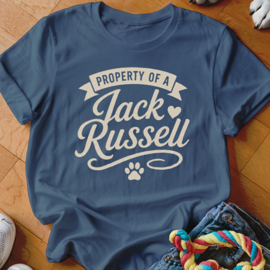 Blue t-shirt with "Property of a Jack Russell" text and paw print.