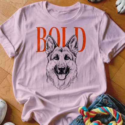 Light pink t-shirt with "BOLD" text above a sketch of a German Shepherd dog.