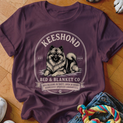 Keeshond Bed & Blanket Co. t-shirt with dog graphic and text.