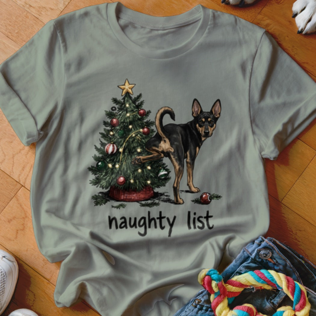 Dog lifting leg on Christmas tree with text "naughty list" below.