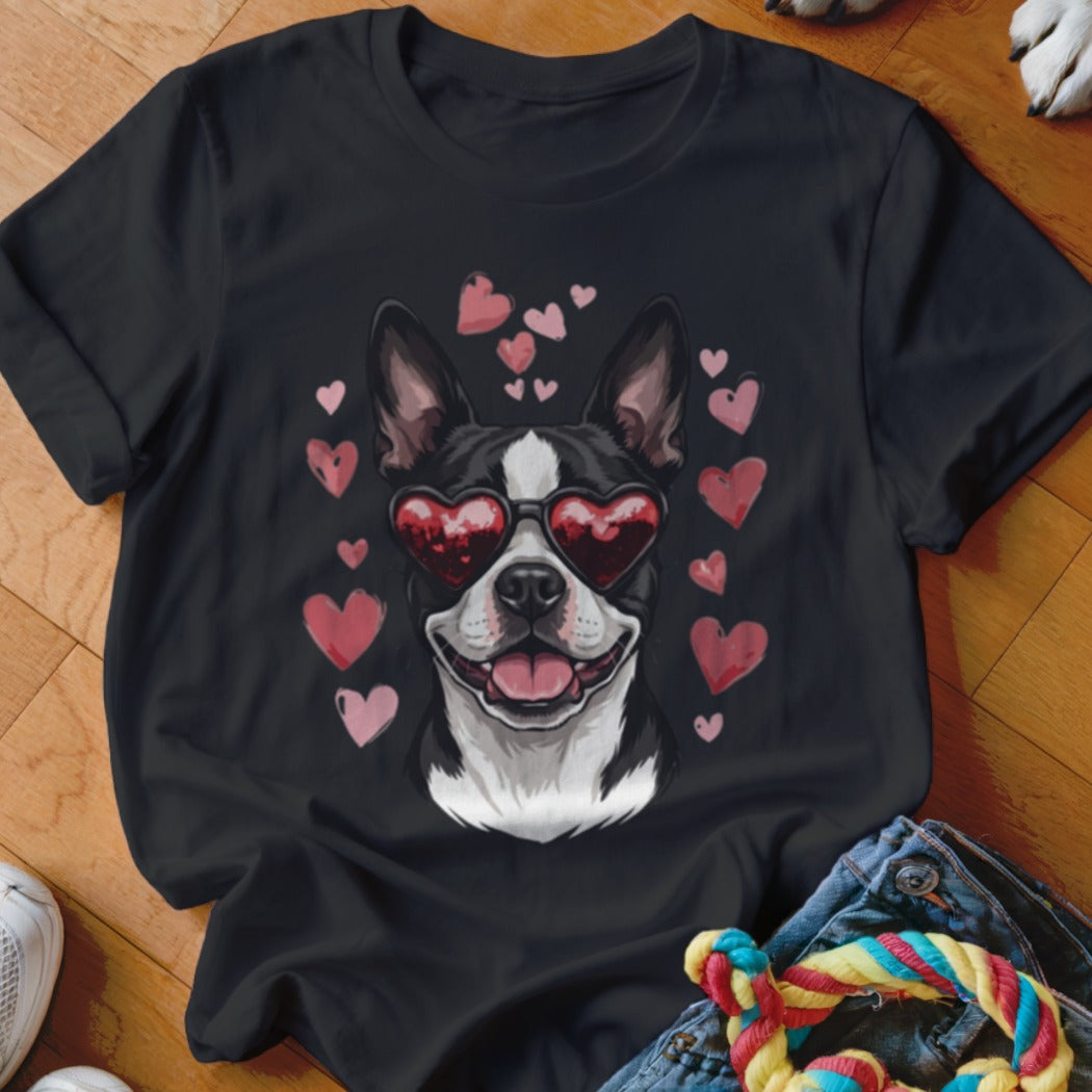 Black t-shirt featuring an illustration of a Boston Terrier wearing heart-shaped sunglasses surrounded by pink hearts.