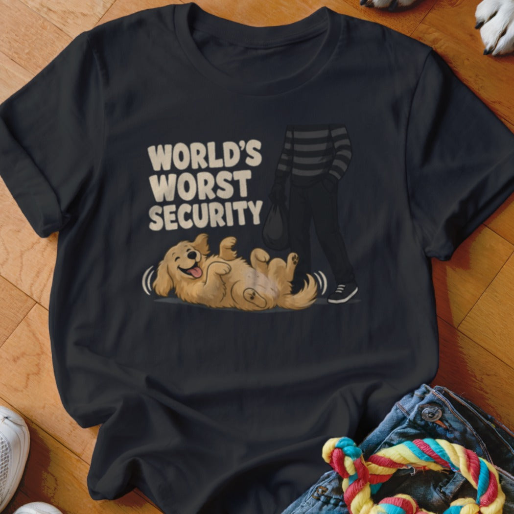 Black t-shirt featuring text saying Worlds Worst Security next to a burglar and a happy golden retriever.