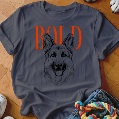 Gray t-shirt with an orange "BOLD" text and German Shepherd dog illustration.