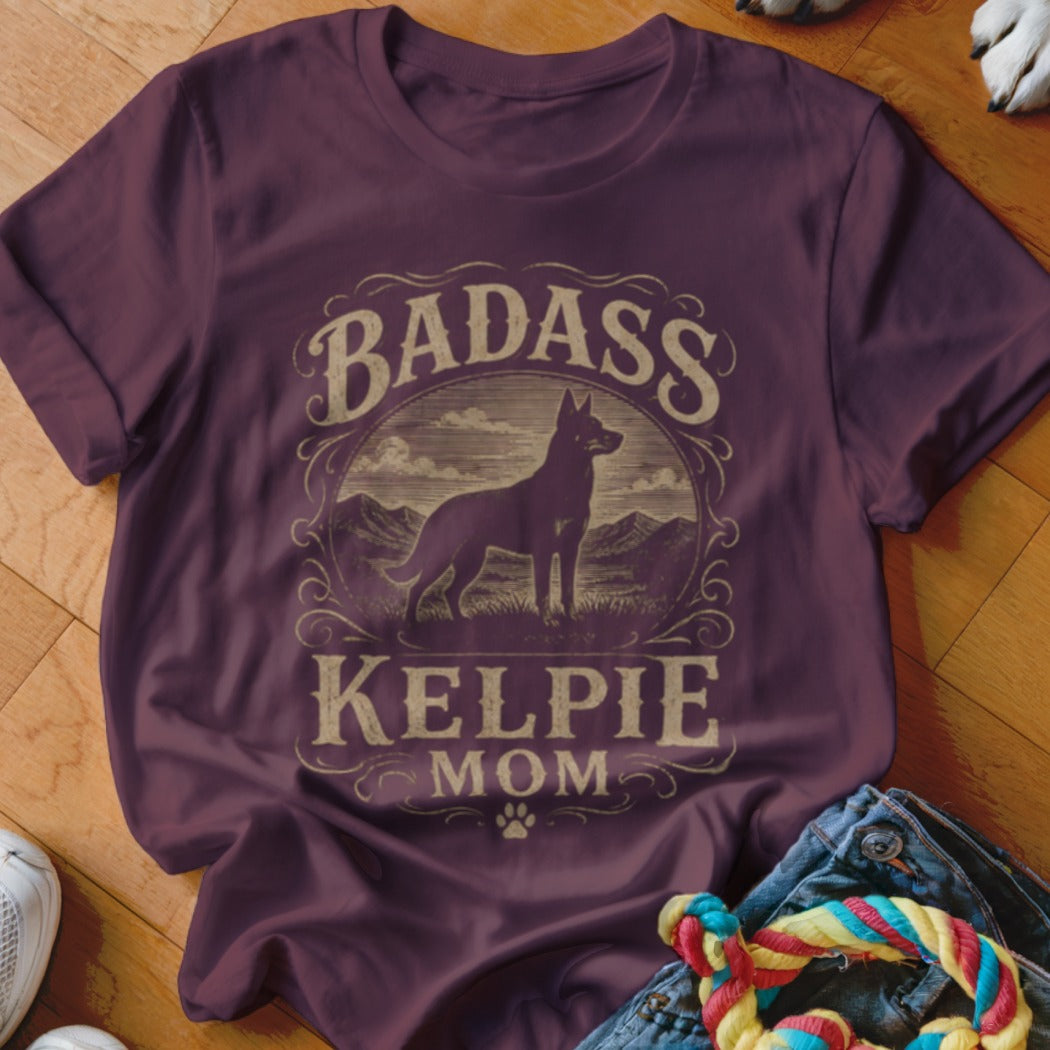 Maroon t-shirt with vintage design of a Kelpie dog and "Badass Kelpie Mom" text.