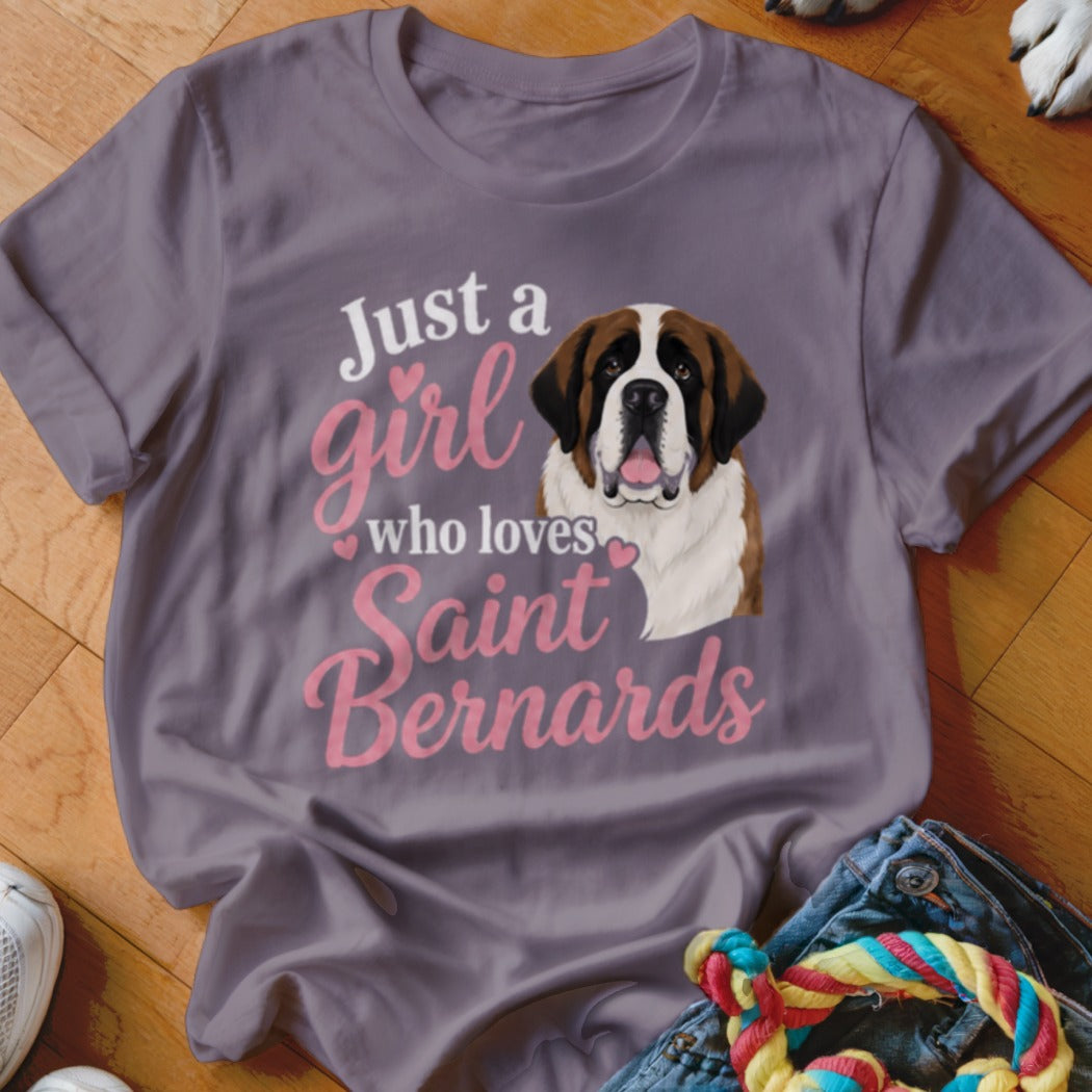 Purple t-shirt with "Just a girl who loves Saint Bernards" text and a dog portrait.