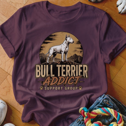 Dark maroon t-shirt with a graphic of a Bull Terrier standing on a mountain peak.