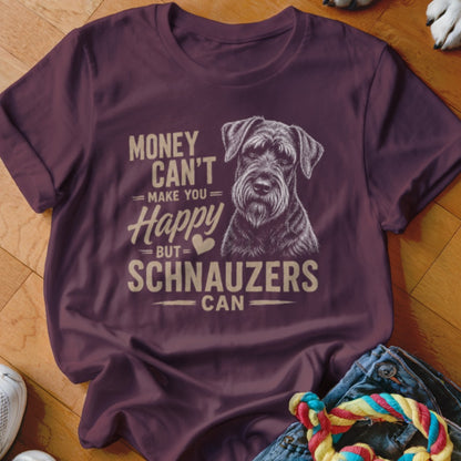 Dark purple t-shirt featuring a Schnauzer graphic and the text Money Can't Make You Happy But Schnauzers Can.