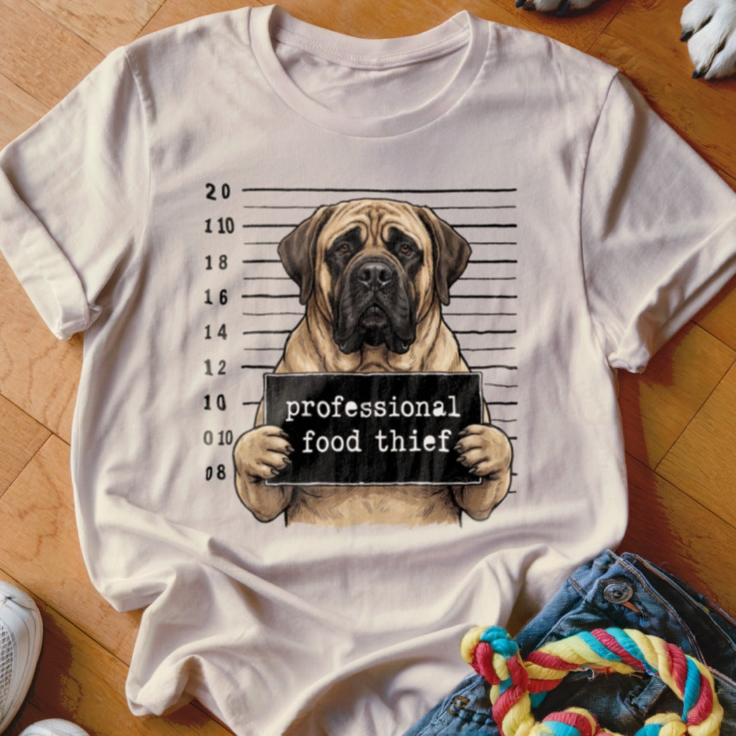 Mastiff mugshot with "professional food thief" sign on cream t-shirt.
