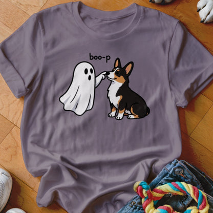 Corgi booping a ghost with text "boo-p" on a purple t-shirt.