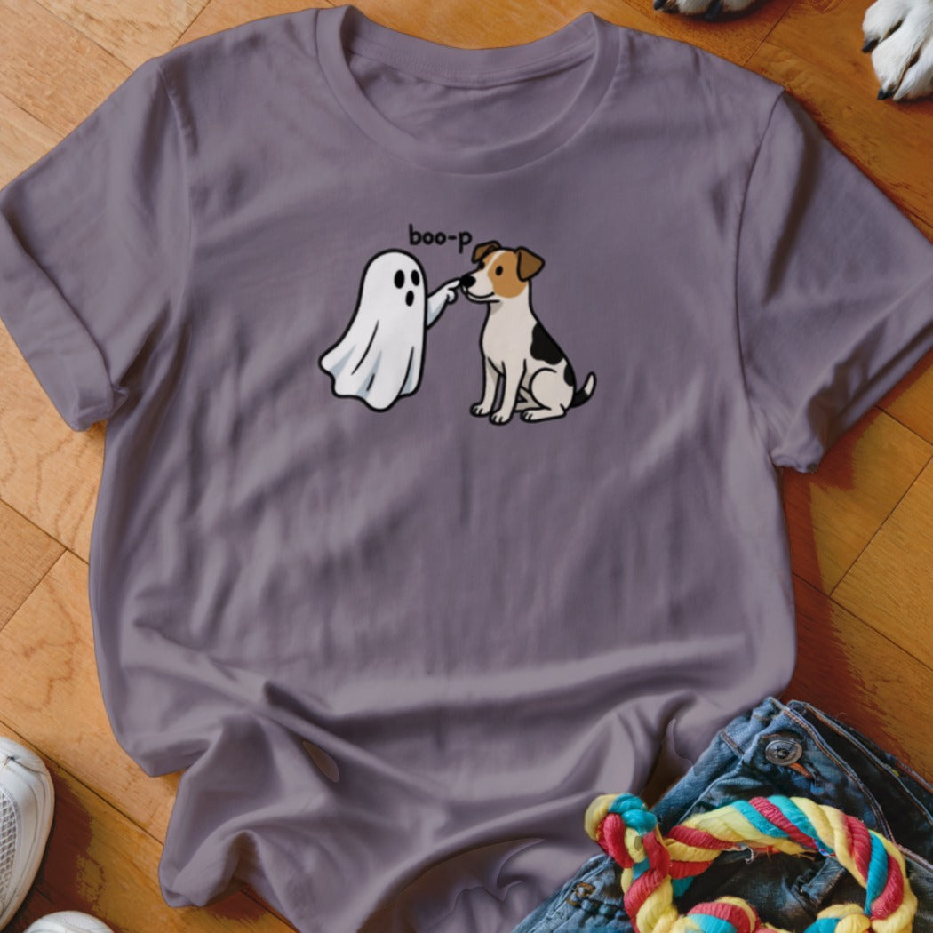 Purple t-shirt with cartoon ghost booping a dog with the text "boo-p".