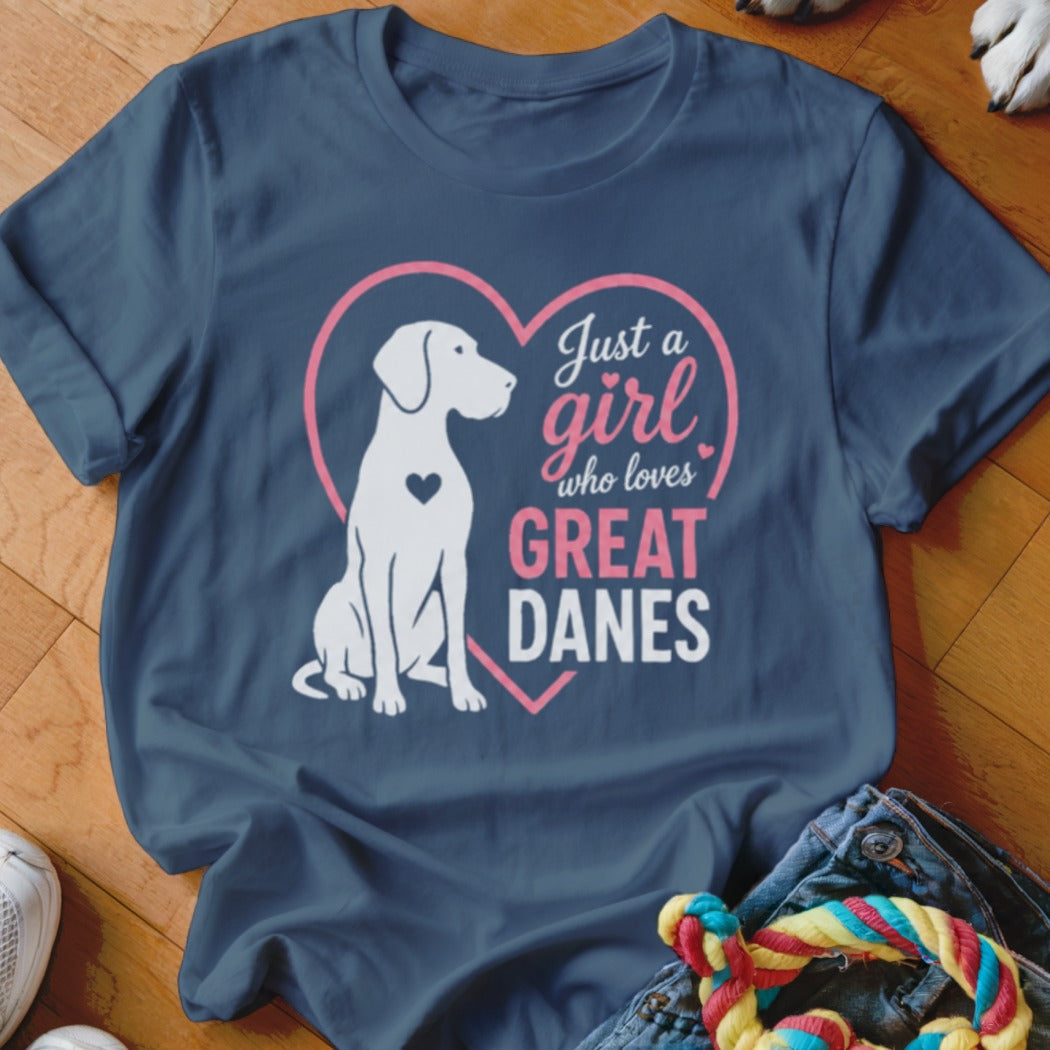 T-shirt with a Great Dane silhouette and text: Just a girl who loves Great Danes.