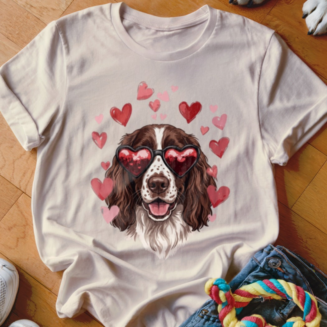 A cream-colored t-shirt with a graphic of a brown and white spaniel wearing heart-shaped sunglasses surrounded by pink hearts.