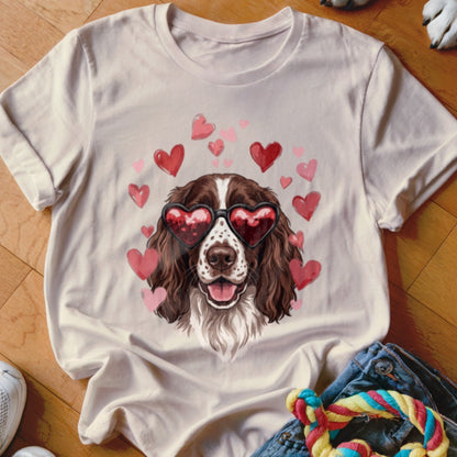A cream-colored t-shirt with a graphic of a brown and white spaniel wearing heart-shaped sunglasses surrounded by pink hearts.