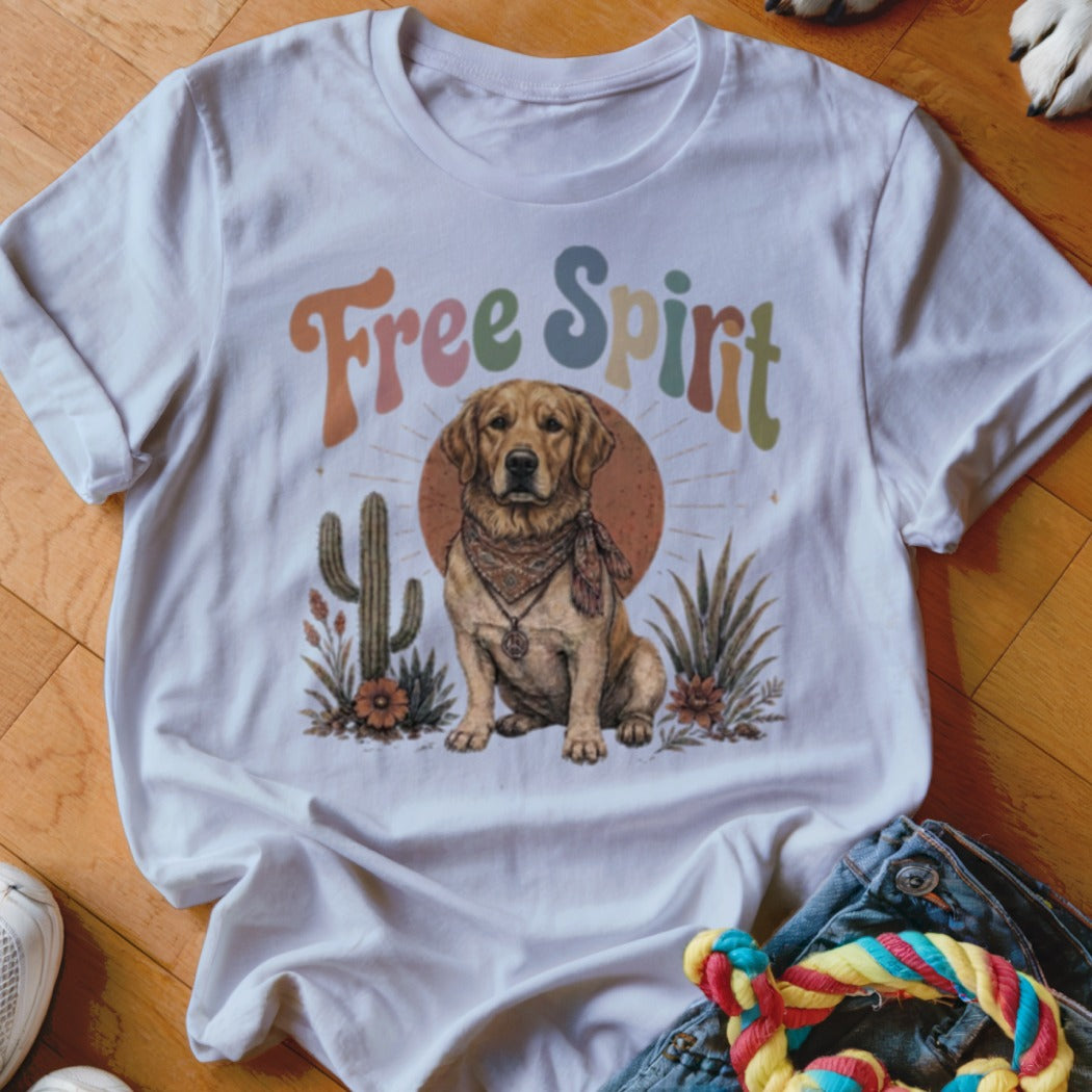 White t-shirt with a golden retriever wearing a bandana and the text "Free Spirit".