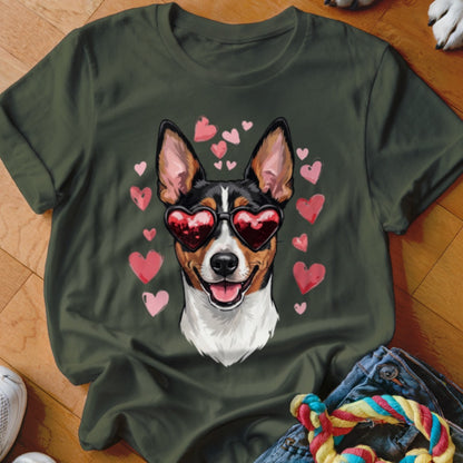 Dark green t-shirt featuring a graphic of a smiling dog wearing heart-shaped sunglasses surrounded by pink hearts.
