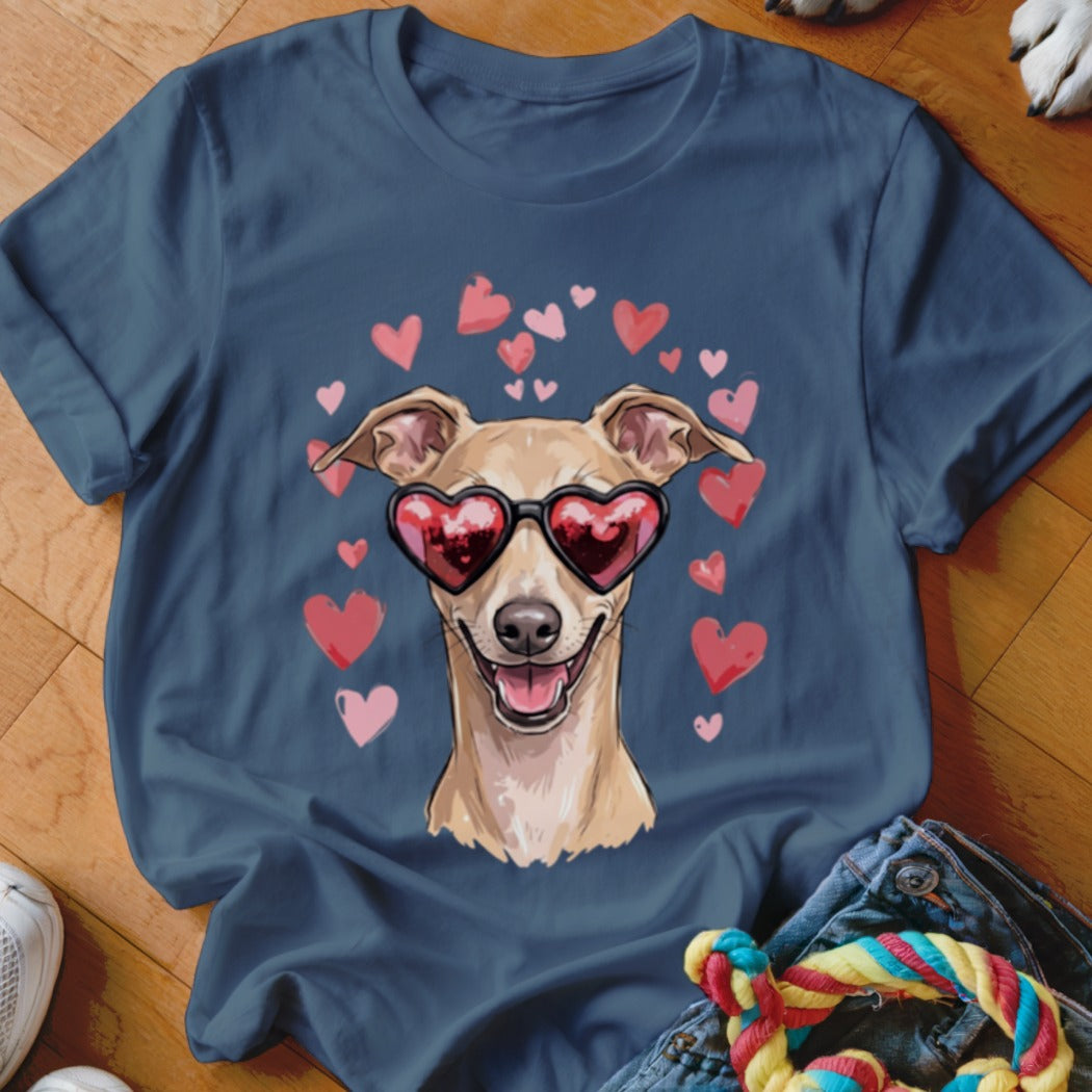 Dark blue crewneck t-shirt featuring a cartoon illustration of a fawn-colored dog wearing heart-shaped sunglasses, surrounded by pink hearts.