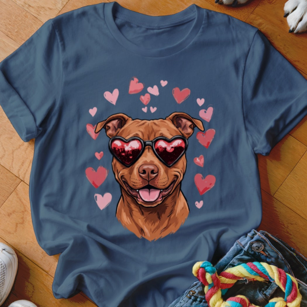 Navy blue t-shirt featuring a graphic of a brown pit bull wearing heart-shaped sunglasses surrounded by pink hearts.