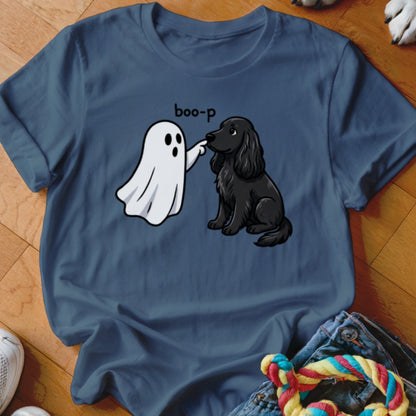 Ghost boops black dog's nose with text "boo-p" on navy t-shirt.