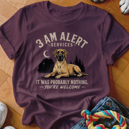 Great Dane graphic with "3 AM Alert Services" text and humorous dog quote.