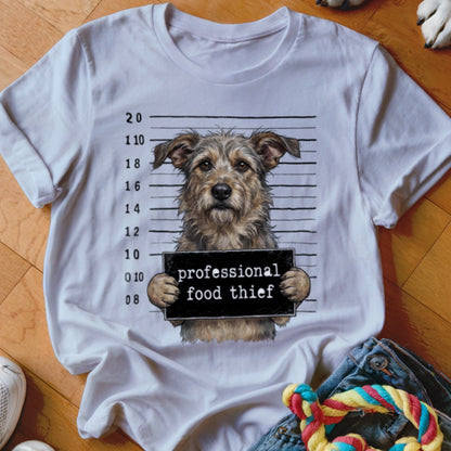 White t-shirt with a dog mugshot graphic reading "professional food thief".