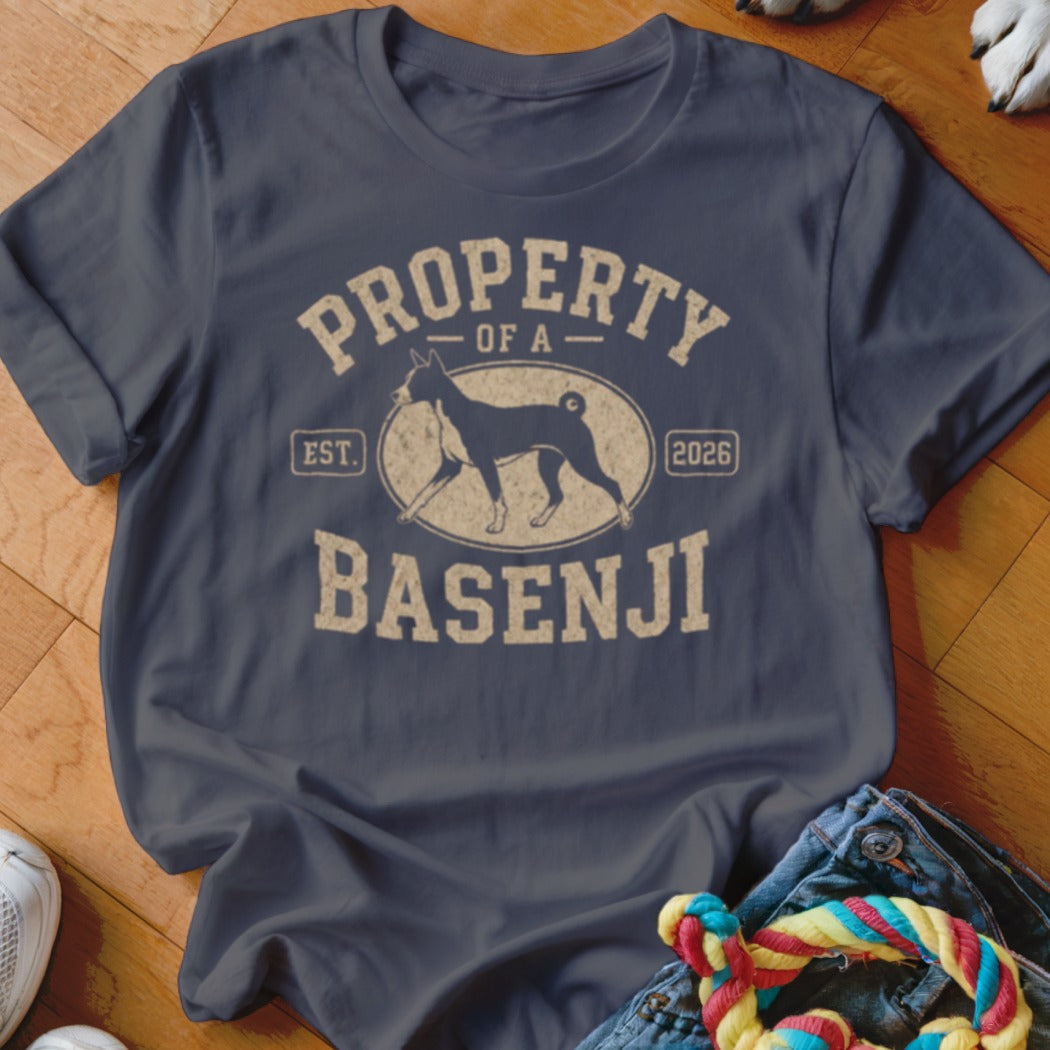 Navy t-shirt with "Property of a Basenji" design and a dog silhouette.