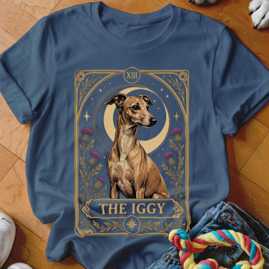 A blue t-shirt features a tarot-style graphic with an Italian Greyhound, a crescent moon, and flowers.