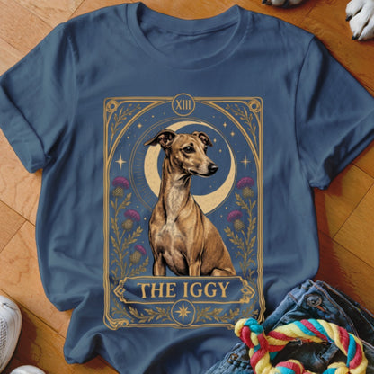 A blue t-shirt features a tarot-style graphic with an Italian Greyhound, a crescent moon, and flowers.
