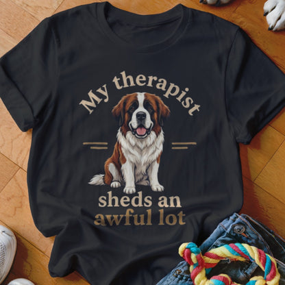Black t-shirt with St. Bernard dog and text "My therapist sheds an awful lot."