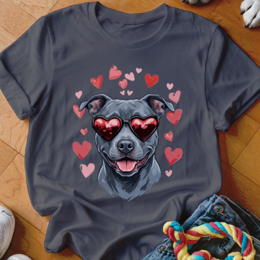 Dark gray t-shirt featuring a graphic of a smiling pit bull wearing heart-shaped sunglasses surrounded by pink and red hearts.