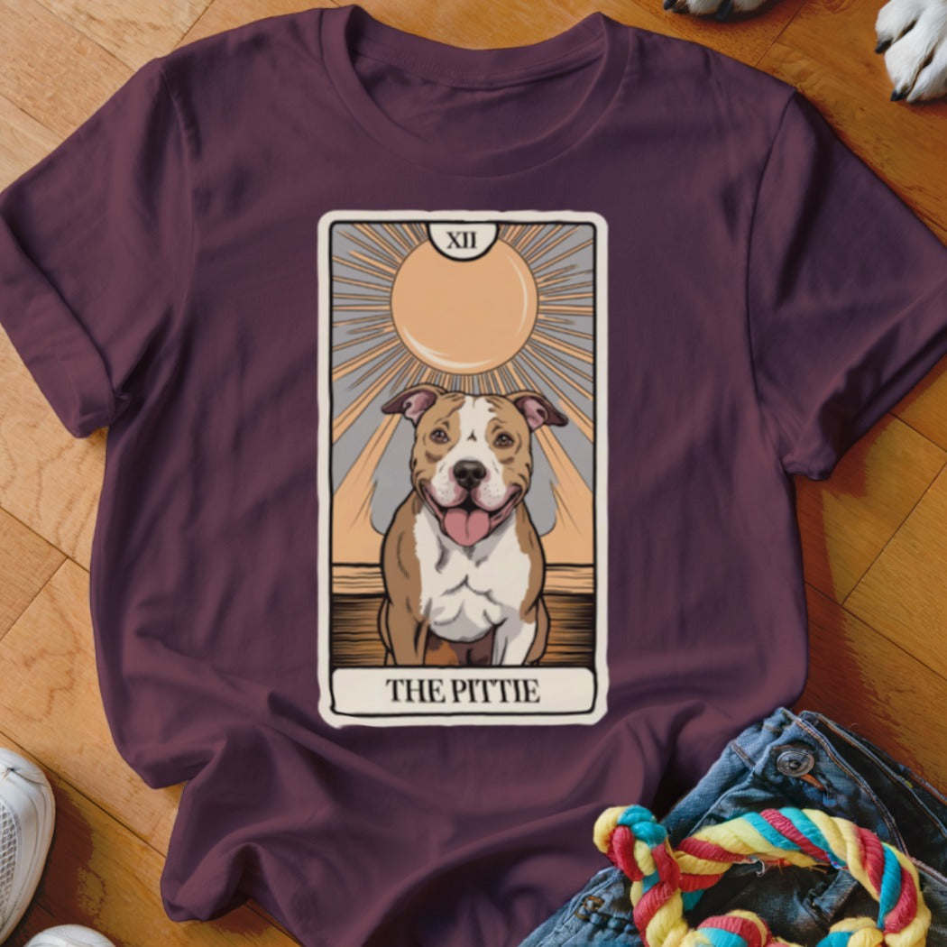 T-shirt featuring a tarot card design with a happy pit bull and the text "THE PITTIE".