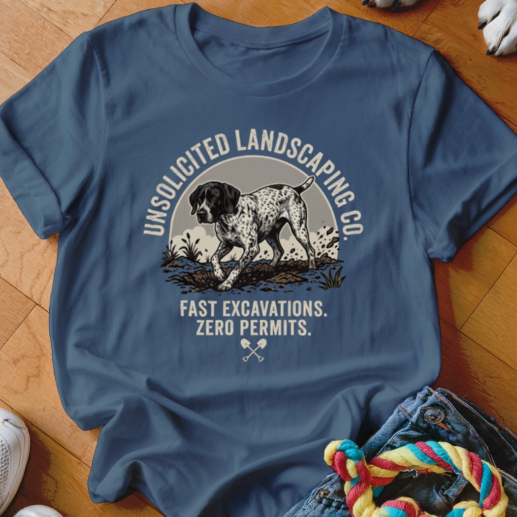 Blue t-shirt with a German Shorthaired Pointer and "Unsolicited Landscaping Co." text.