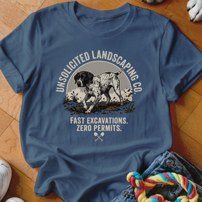 Blue t-shirt with a German Shorthaired Pointer and "Unsolicited Landscaping Co." text.