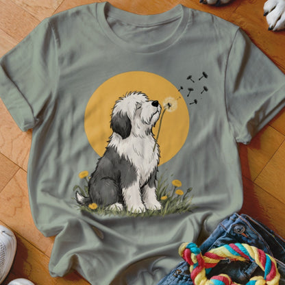 Sage green crewneck t-shirt featuring an illustrated Old English Sheepdog blowing dandelion seeds against a yellow sun.