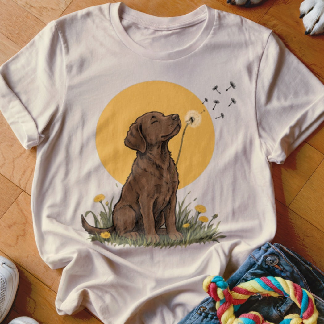 A cream-colored t-shirt with a graphic of a brown puppy blowing a dandelion against a yellow circle.
