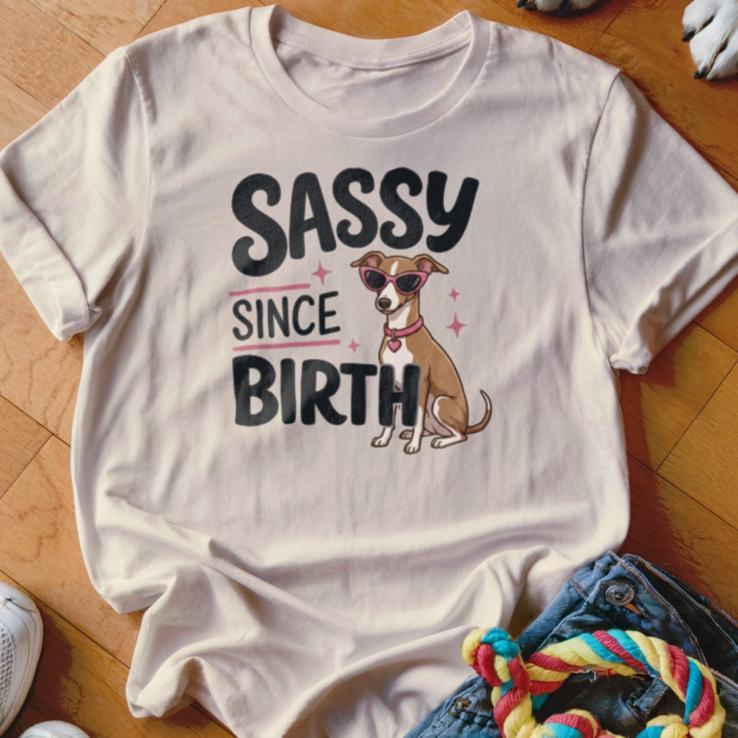 T-shirt with a dog wearing sunglasses and the text "SASSY SINCE BIRTH".