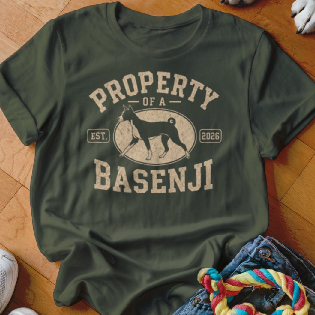 Green t-shirt with "Property of a Basenji" graphic and dog silhouette.