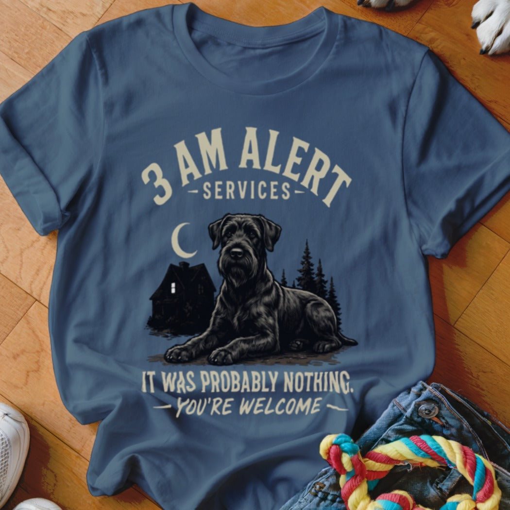 T-shirt with a black dog, house, and trees, reading "3 AM ALERT SERVICES".