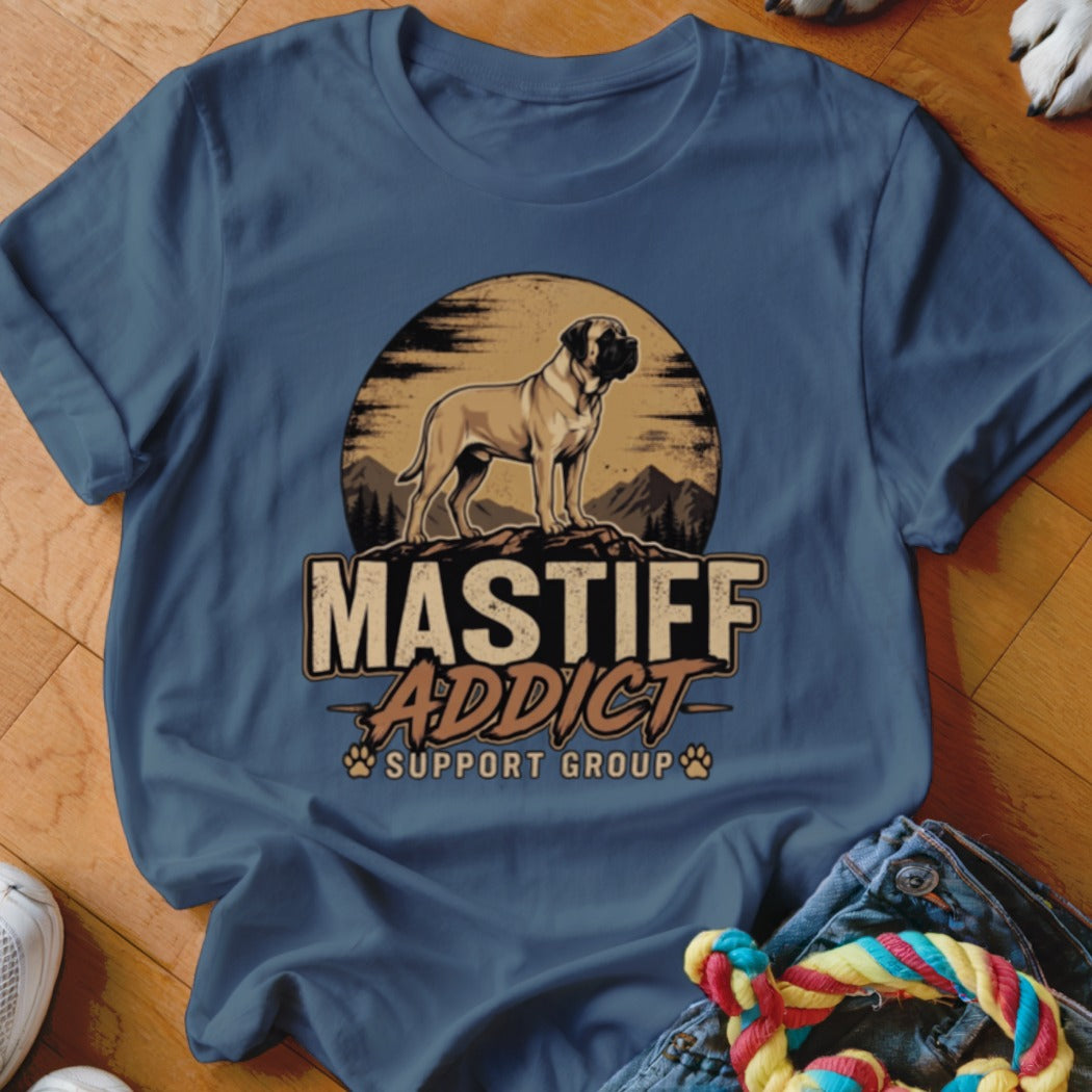 Blue crewneck t-shirt with a graphic of a mastiff on a mountain and text reading MASTIFF ADDICT SUPPORT GROUP.