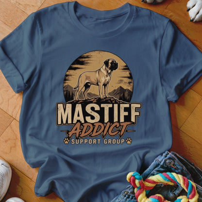 Blue crewneck t-shirt with a graphic of a mastiff on a mountain and text reading MASTIFF ADDICT SUPPORT GROUP.