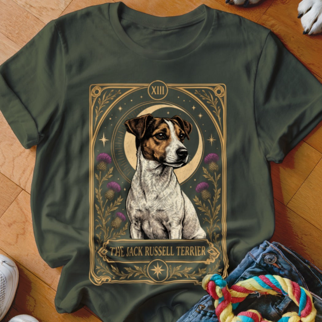 Dark green t-shirt featuring a tarot card style graphic of a Jack Russell Terrier.