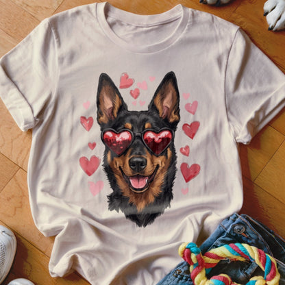 A light beige t-shirt featuring a graphic of a black and tan dog wearing heart-shaped sunglasses, surrounded by pink hearts.