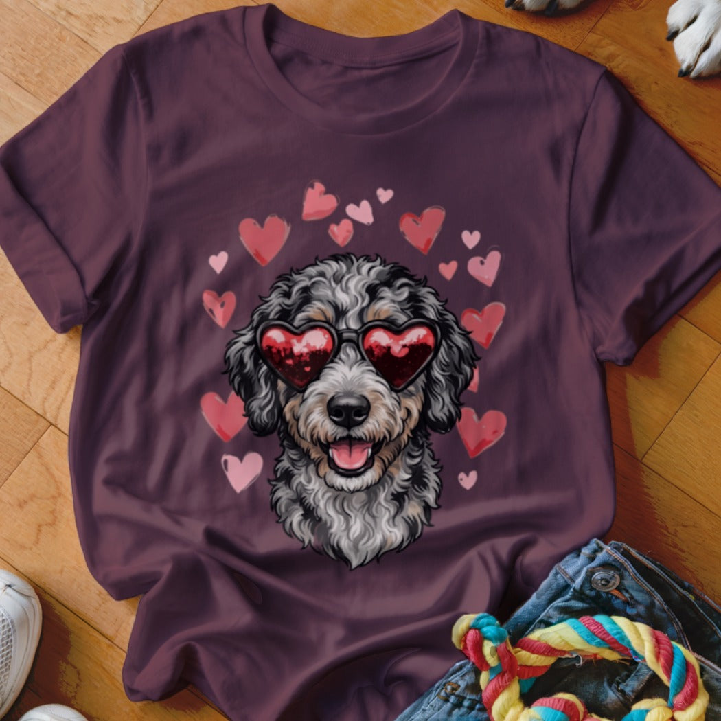 A maroon t-shirt featuring a graphic of a furry dog wearing heart-shaped sunglasses, surrounded by floating pink hearts.