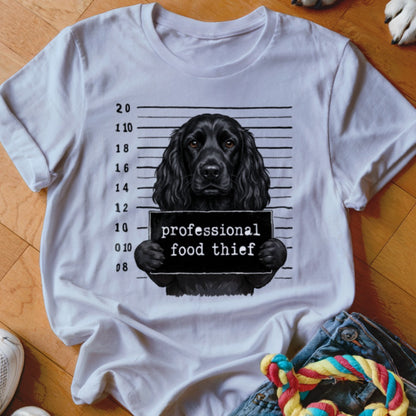 Black dog in mugshot with sign reading "professional food thief".