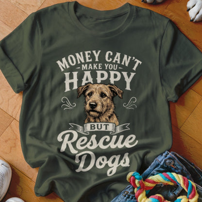 Green t-shirt with "Money Can't Make You Happy But Rescue Dogs" text and a dog portrait.