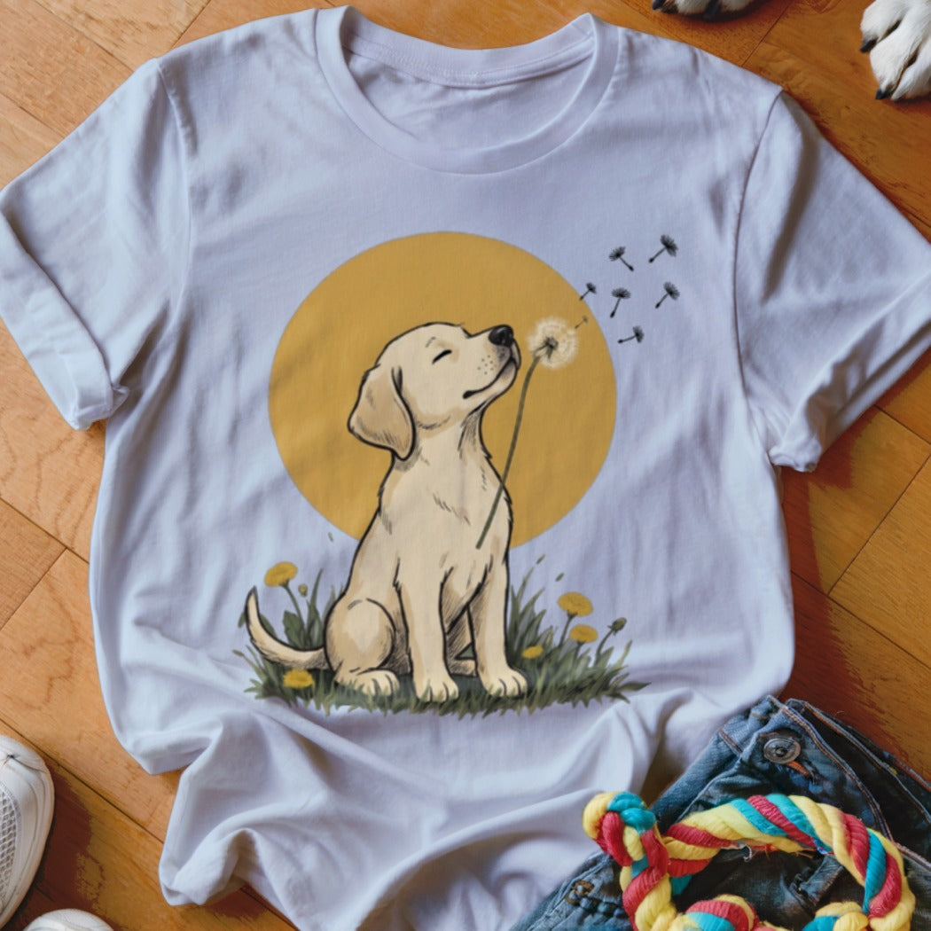 A white t-shirt featuring a cartoon illustration of a puppy blowing dandelion seeds in front of a yellow sun.