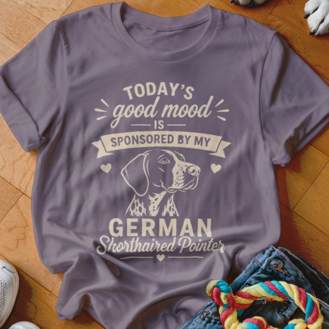 Purple t-shirt with "Today's good mood is sponsored by my German Shorthaired Pointer" text and dog graphic.