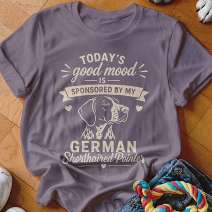 Purple t-shirt with "Today's good mood is sponsored by my German Shorthaired Pointer" text and dog graphic.