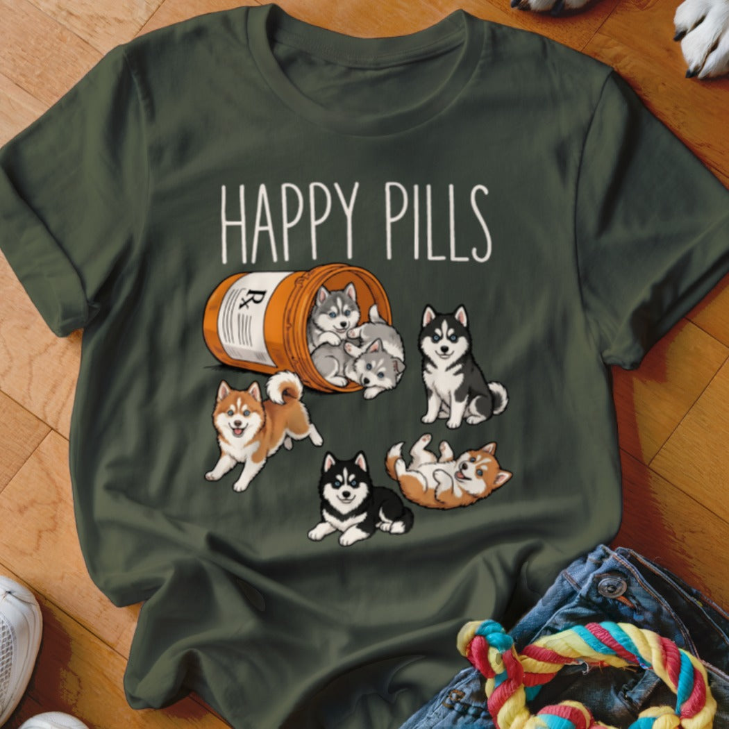 "Happy Pills" text above a prescription bottle spilling out happy husky puppies.
