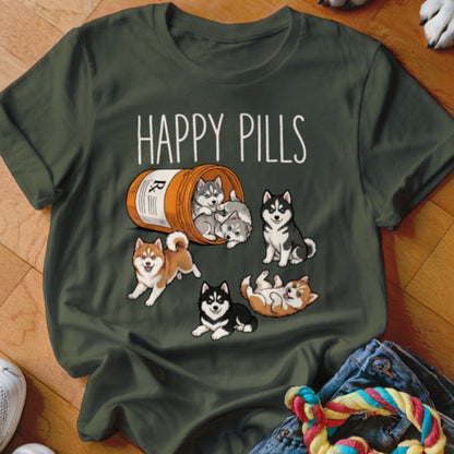 "Happy Pills" text above a prescription bottle spilling out happy husky puppies.